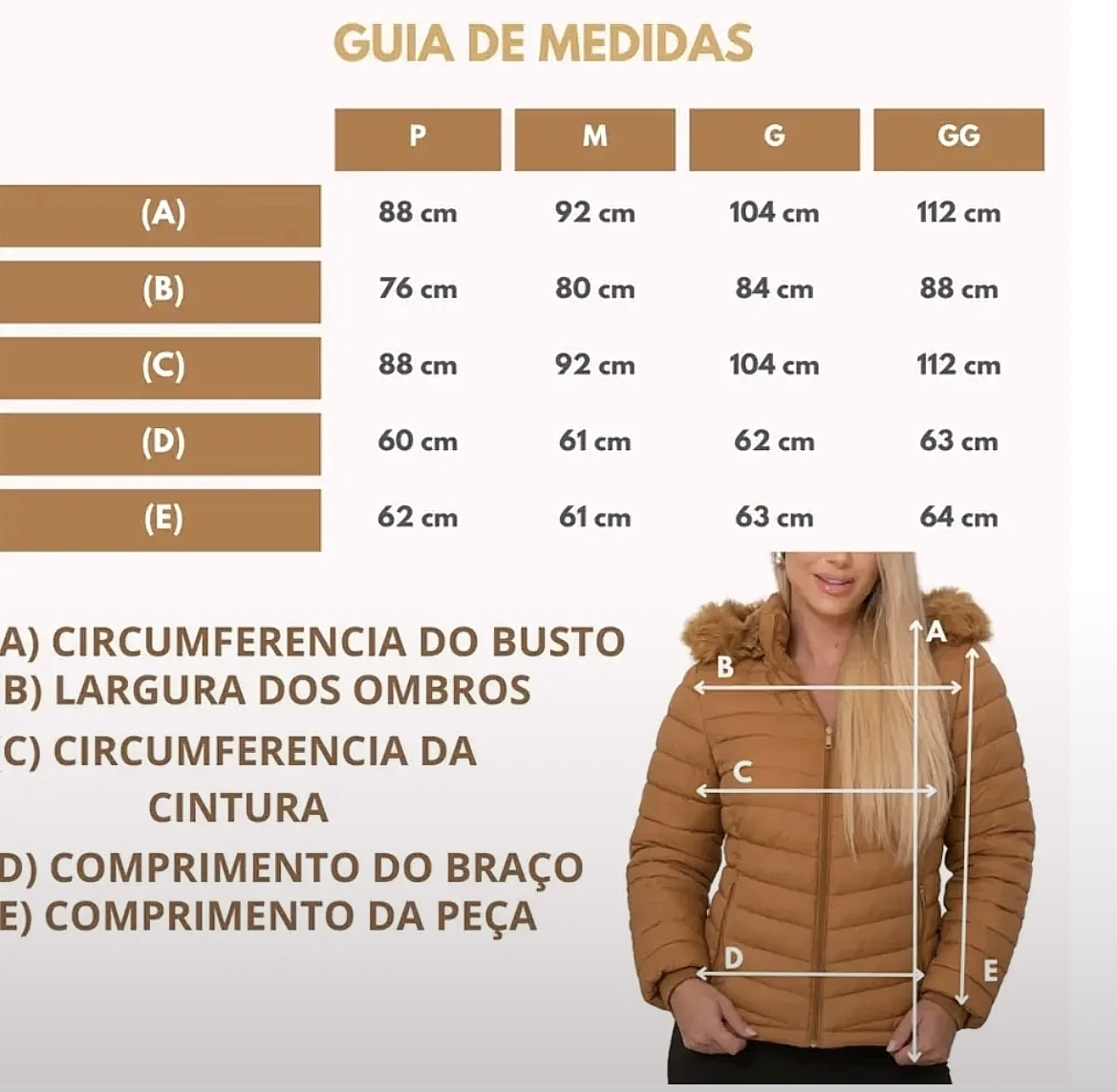 Tabela de medidas — Jaqueta Feminina Forrada Dupla face sherpa Impermeável Inverno