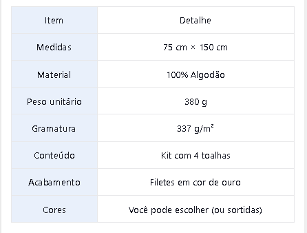 Tabela de medidas — Jogo de 4 Toalha De Banho Gigante Grossa 100% Algodão Macia Com Filetes De Cor De Ouro