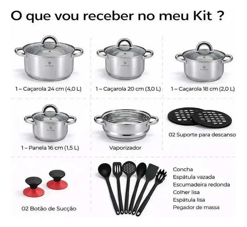 Tabela de medidas — Kits/Jogos De Panelas Alemã Genebra 19 Peças Aço Inoxidável Luxo Prata/inox 2