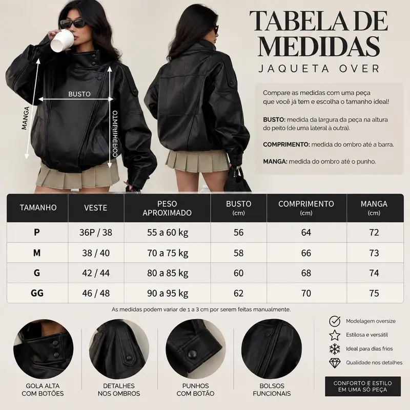 Tabela de medidas — Jaqueta Feminina Oversize em Couro PU Preto com Fechamento Assimétrico e Gola Alta Estilosa para Looks Urbanos e Elegantes